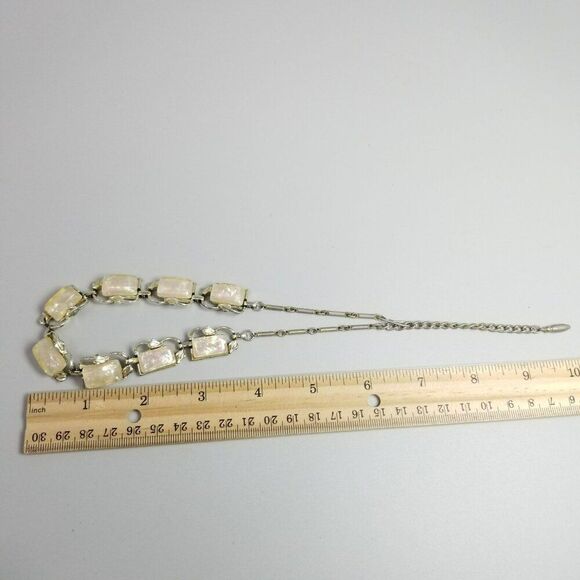 Vintage Cream Lucite Rectangle Cabochon Panel Collar Necklace, Silver Tone Chain - Picture 5 of 8